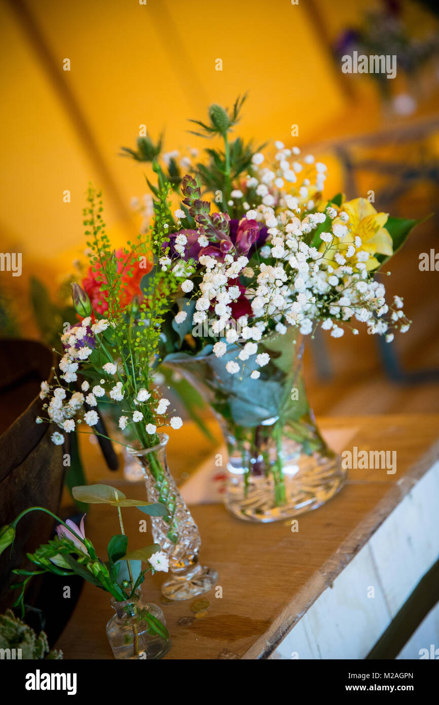 Reihe von bunten Blumenschmuck in Vasen Stockfoto