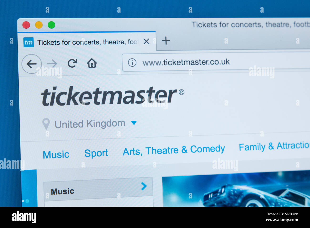 LONDON, Großbritannien - 8. JANUAR 2018: Die Homepage der offiziellen Website für Ticketmaster - die Amerikanische ticket Vertriebsgesellschaft am 8. Janu Stockfoto