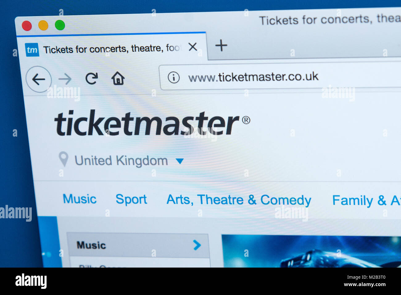 LONDON, Großbritannien - 8. JANUAR 2018: Die Homepage der offiziellen Website für Ticketmaster - die Amerikanische ticket Vertriebsgesellschaft am 8. Janu Stockfoto