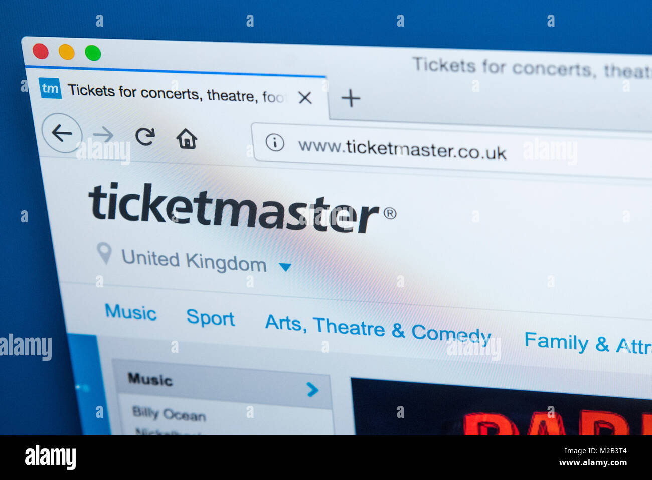 LONDON, Großbritannien - 8. JANUAR 2018: Die Homepage der offiziellen Website für Ticketmaster - die Amerikanische ticket Vertriebsgesellschaft am 8. Janu Stockfoto