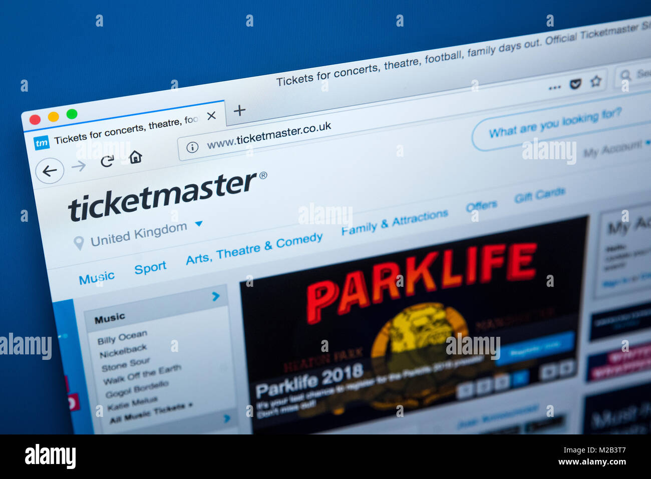 LONDON, Großbritannien - 8. JANUAR 2018: Die Homepage der offiziellen Website für Ticketmaster - die Amerikanische ticket Vertriebsgesellschaft am 8. Janu Stockfoto