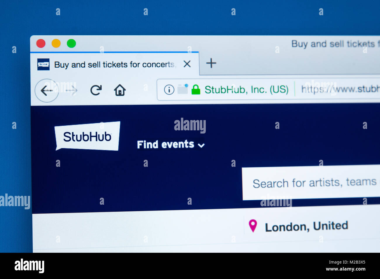 LONDON, Großbritannien - 8. JANUAR 2018: Die Homepage der offiziellen Website für StubHub - Der online Ticket exchange Company zu eBay gehört, am 8. Januar 201 Stockfoto