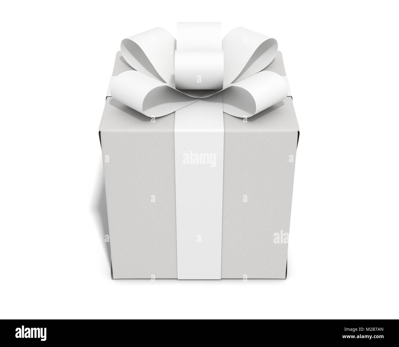 Eine würfelförmige Geschenk in Weiß Geschenkpapier gewickelt und mit einer ordentlichen weißen Bogen und Band auf einer isolierten weißen studio Hintergrund - 3D-Render gebunden Stockfoto
