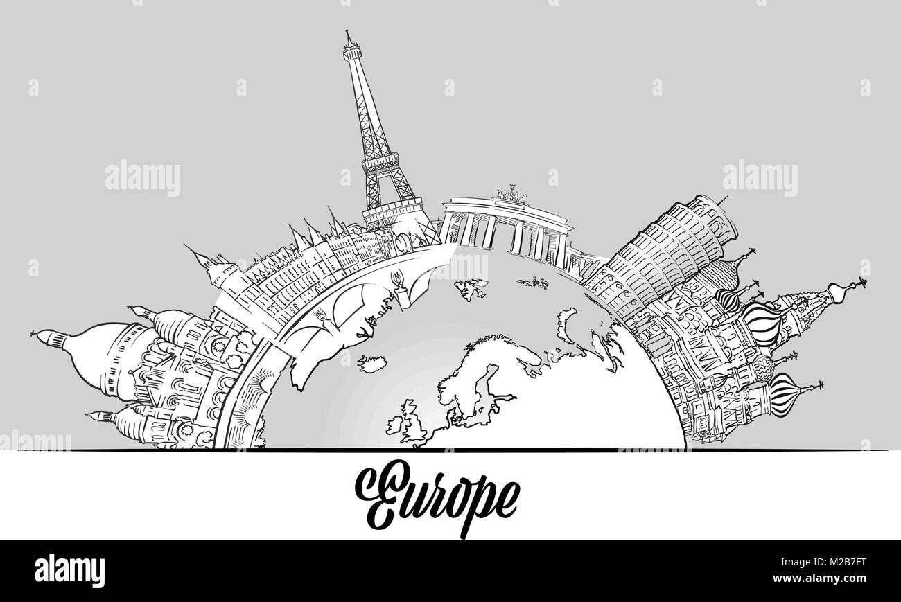 Europäische skizziert Sehenswürdigkeiten auf der ganzen Welt. Hand Gliederung Grafik für Print Design und Reisen Marketing erstellt Stock Vektor