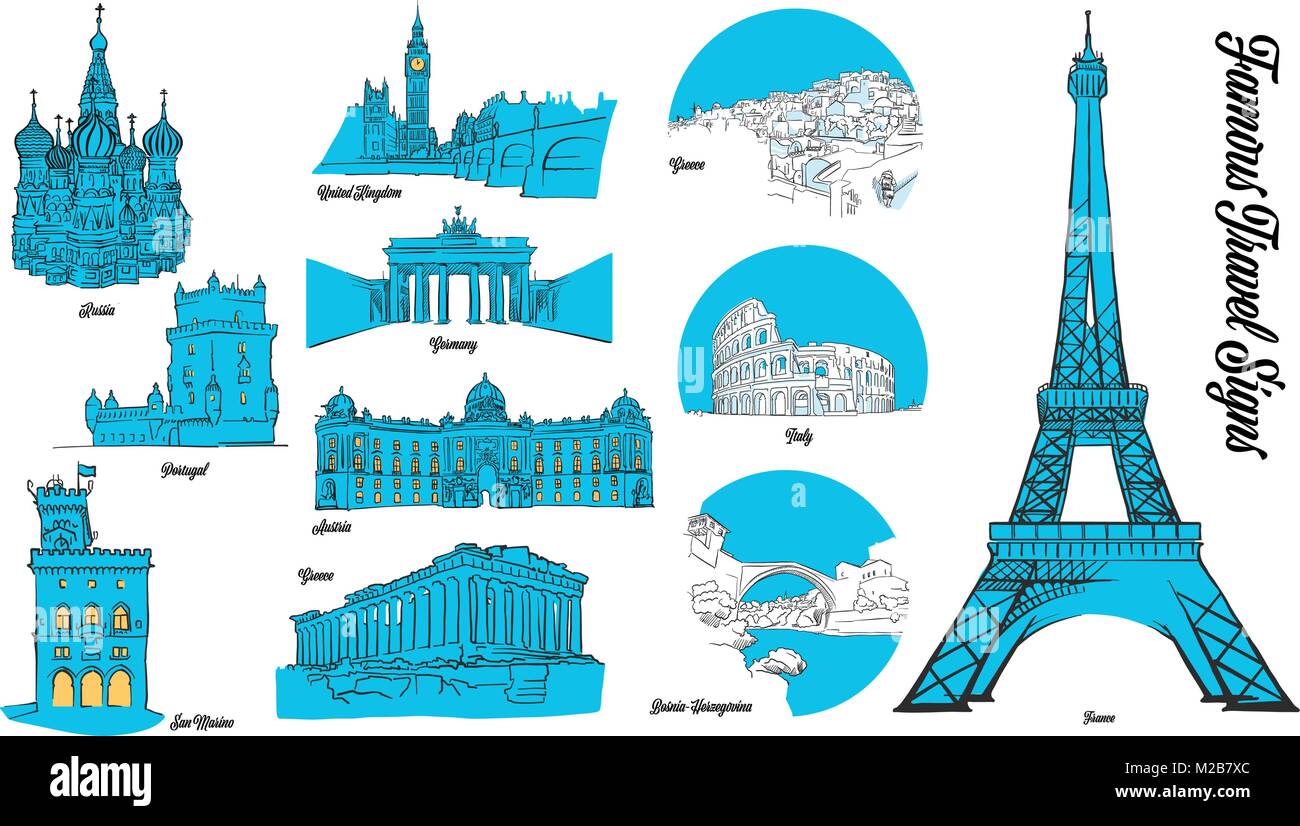 Europäische Reise. Hand Gliederung Grafik für Print Design und Reisen Marketing erstellt Stock Vektor