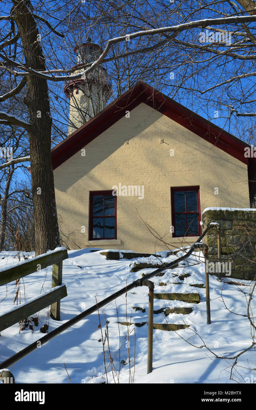 Die Grosse Point Light Station liegt auf einer kleinen Klippe oberhalb des Lake Michigan Kennzeichnung einen Schwarm von Evanston, Illinois. Stockfoto