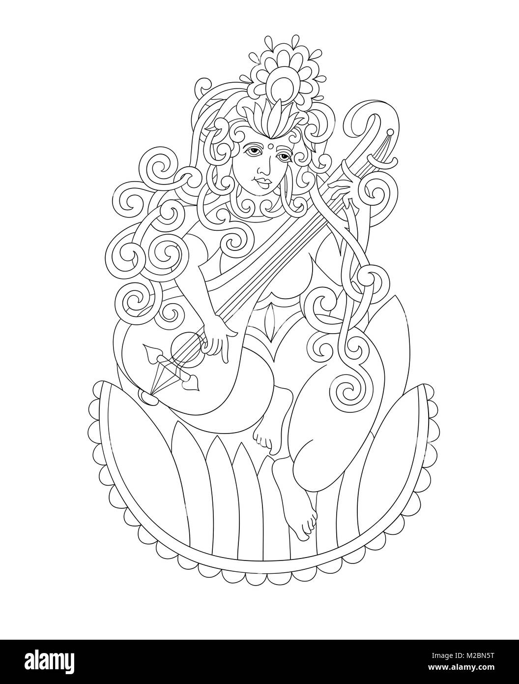 Schwarze und weiße Zeichnung der indisch-hinduistischen Göttin Saraswati Stock Vektor Schwarze und weiße Zeichnung der indisch-hinduistischen Göttin Saraswati Stock Vektor