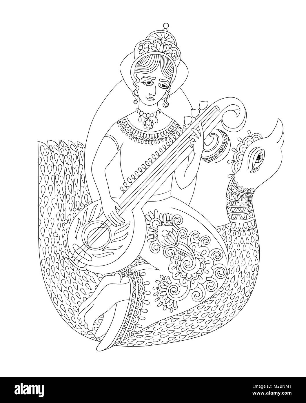 Schwarze und weiße Zeichnung der indisch-hinduistischen Göttin Saraswati Stock Vektor Schwarze und weiße Zeichnung der indisch-hinduistischen Göttin Saraswati Stock Vektor