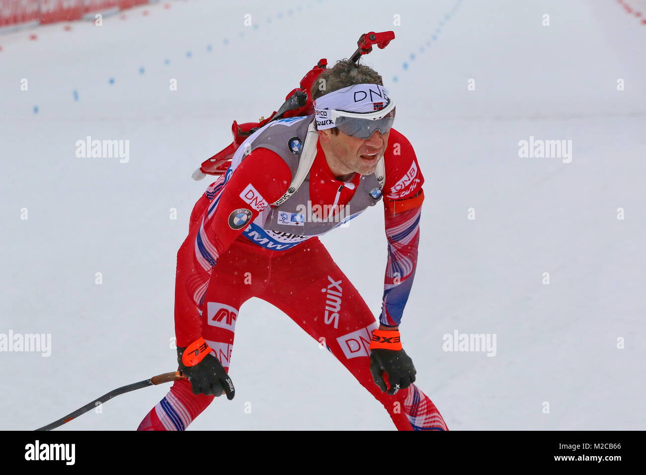 Im Ziel: Ole Einar Bjoerndalen beim IBU Weltcup Biathlon Sprint in Ruhpolding Stockfoto