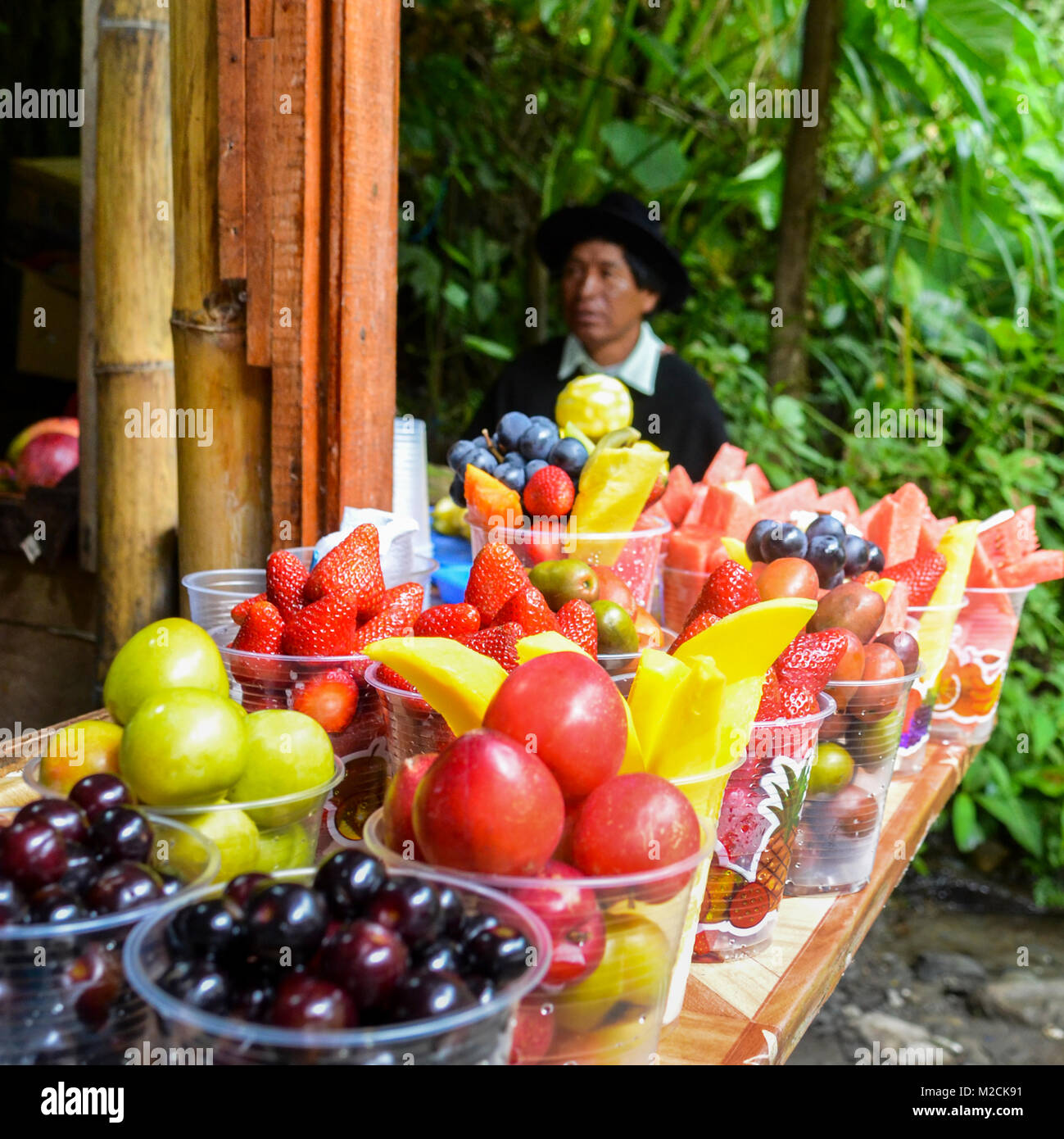 Lokale tropische Früchte zum Verkauf mit indigenen Ecuadorianischen Mann im Hintergrund, selektiver Fokus Stockfoto