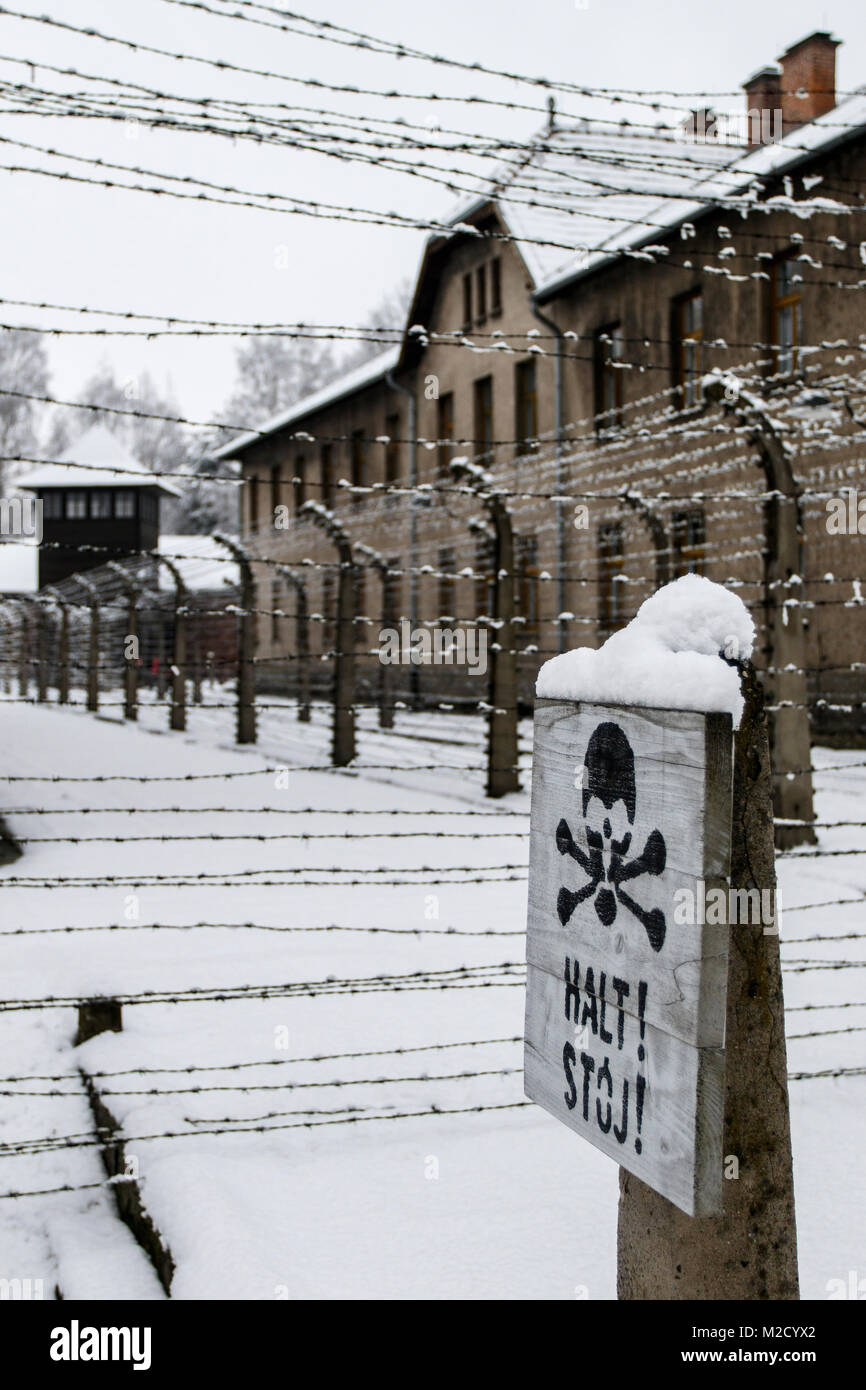 Auschwitz, weniger Polen/Polen - 04.Februar 2018: Auschwitz Birkenau, Nazi Konzentrations- und Vernichtungslager. Stockfoto