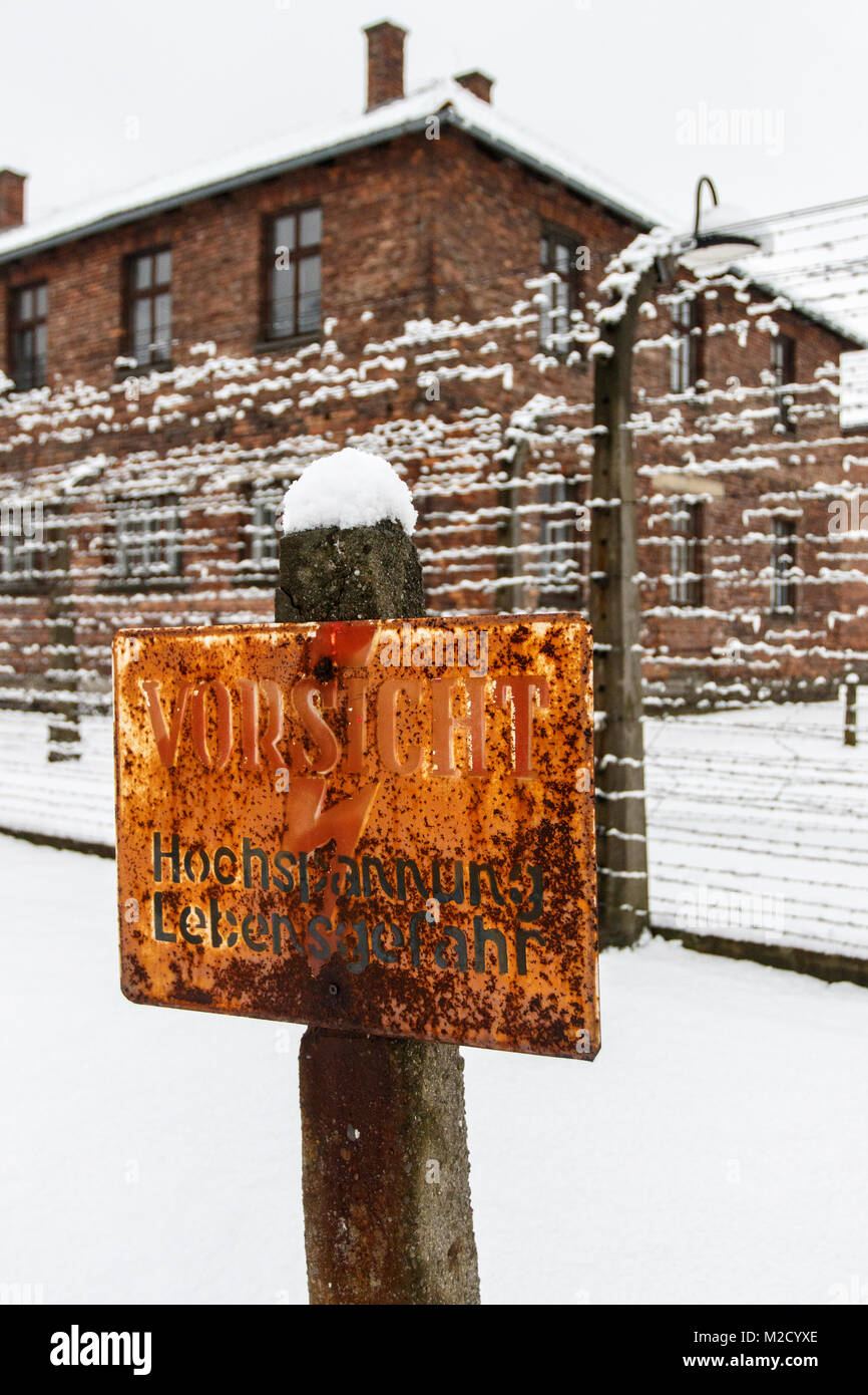 Auschwitz, weniger Polen/Polen - 04.Februar 2018: Auschwitz Birkenau, Nazi Konzentrations- und Vernichtungslager. Stockfoto