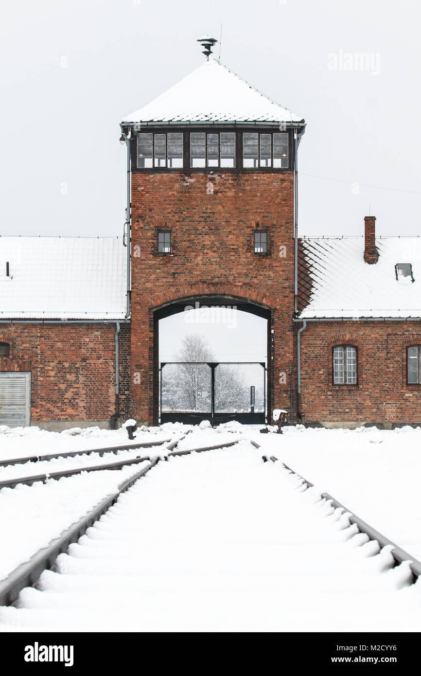 Auschwitz, weniger Polen/Polen - 04.Februar 2018: Auschwitz Birkenau, Nazi Konzentrations- und Vernichtungslager. Stockfoto