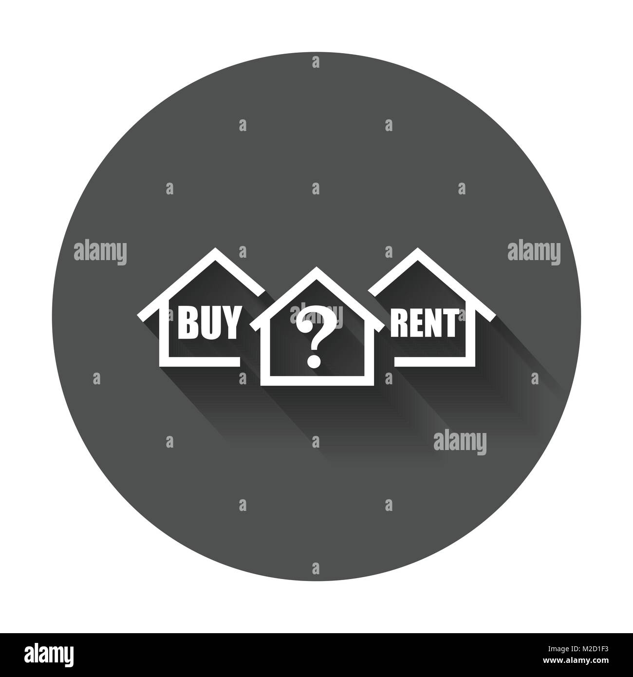 Kaufen oder Mieten Haus. Home Symbol mit der Frage. Vector Illustration im flachen Stil mit langen Schatten. Stock Vektor