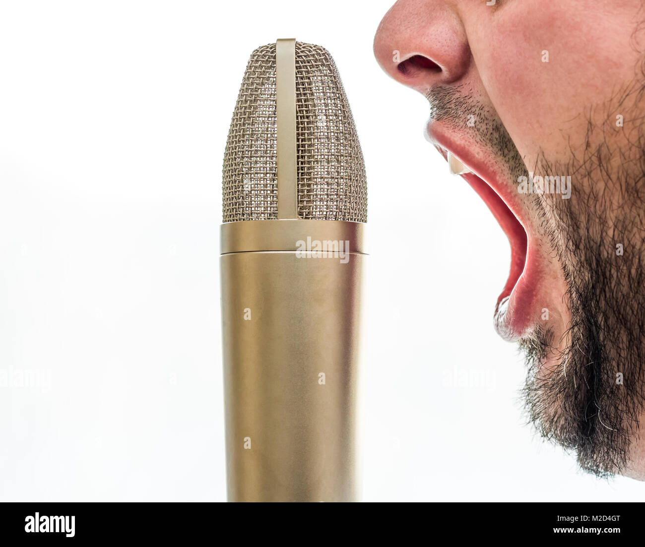 Eine altmodische gold Mikrofon ist vor einem männlichen Gesicht gesetzt. Das Männchen ist schreiend in das Mikrofon. Der Hintergrund ist ganz weiß. Stockfoto