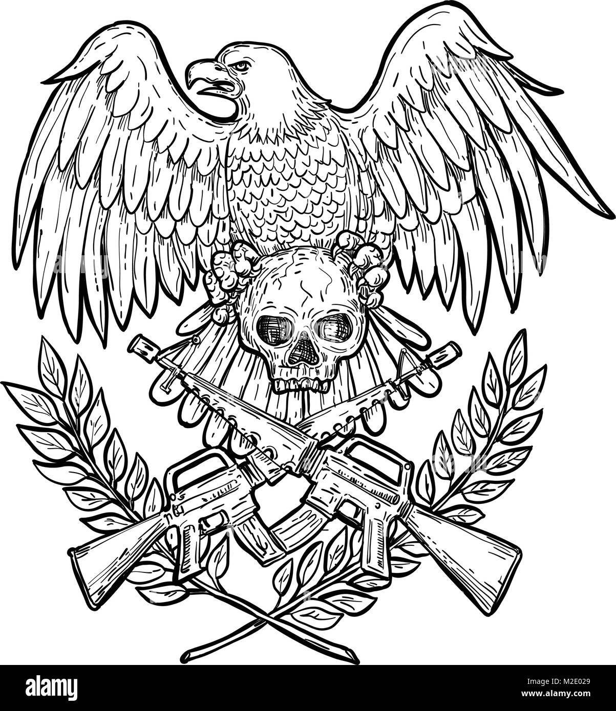 Zeichnung Skizze stil Abbildung eines Weißkopfseeadler mit Flügeln spead ein Totenkopf mit gekreuzten armalite Sturmgewehr und Lorbeerblatt auf Stock Vektor