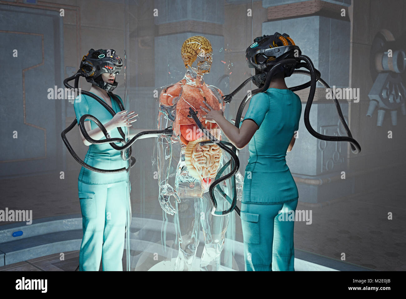 Ärzte mit roboterarmen auf Helm behandeln Patienten transparent Stockfoto