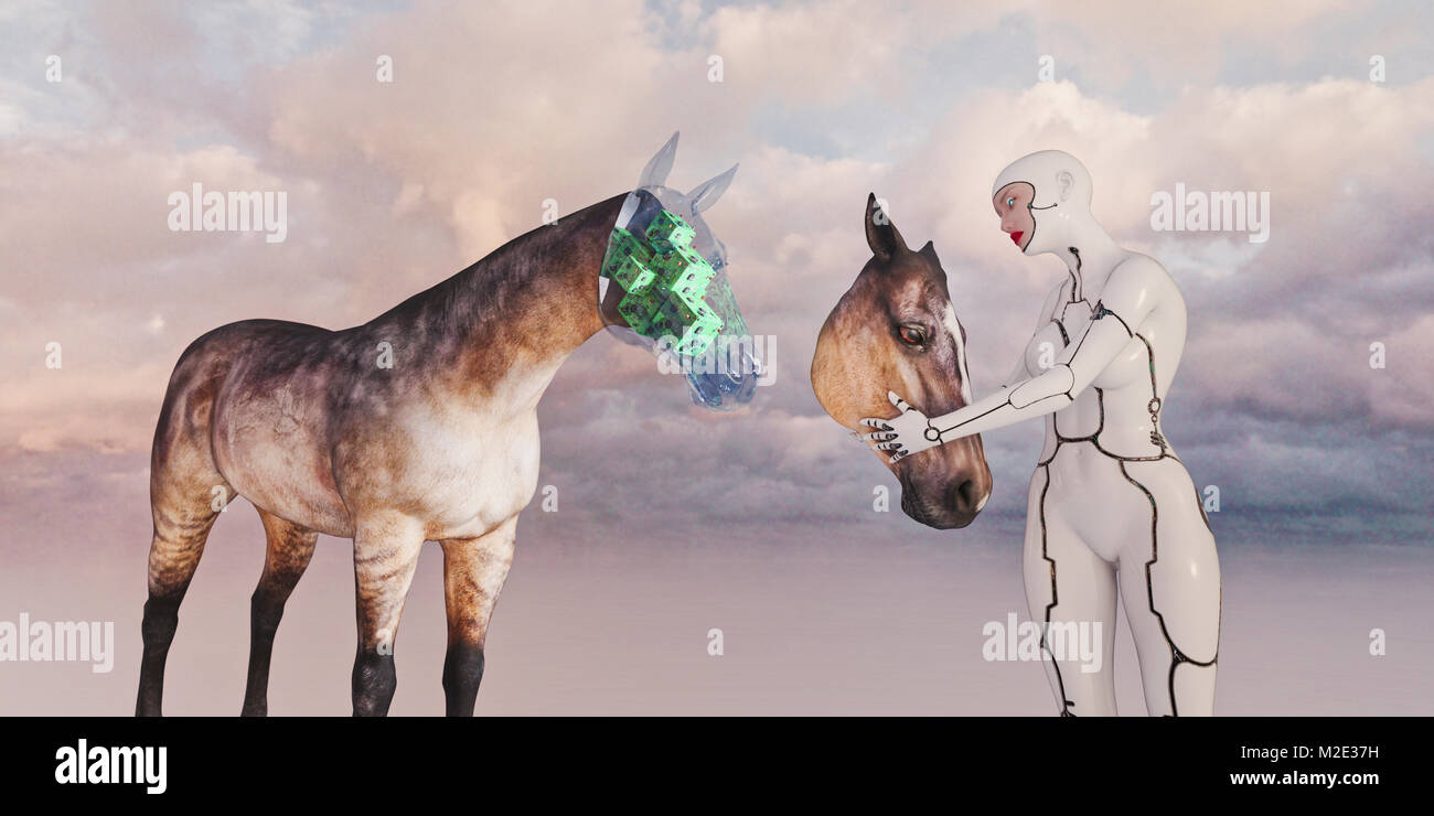 Roboter Frau entfernen Gesicht des Pferdes offenbaren Stromkreise Stockfoto