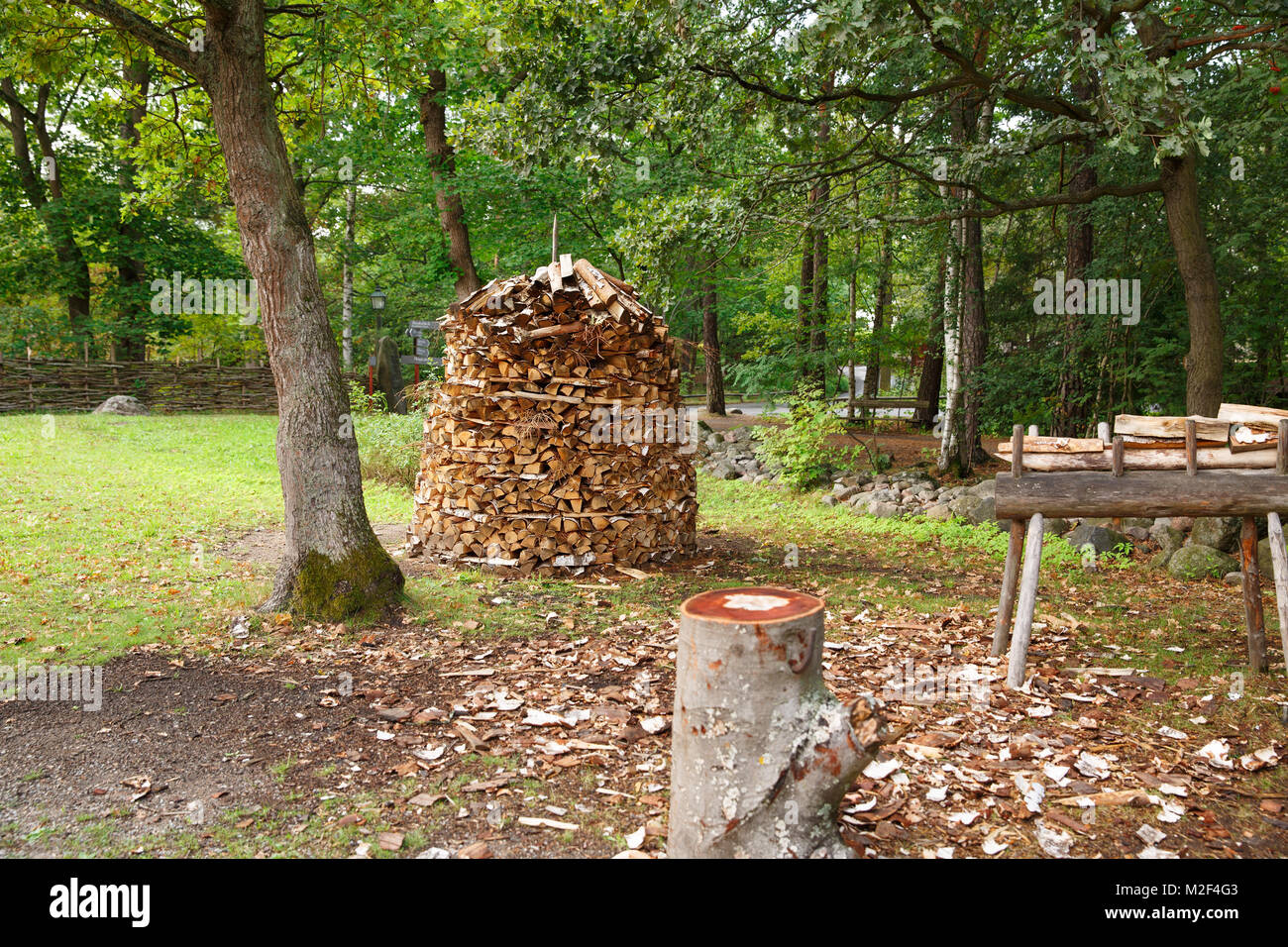 Stapel von Brennholz, ländliche Szene in Skansen, das erste Open-air Museum und Zoo, auf der Insel Djurgården in Stockholm, Schweden. Stockfoto