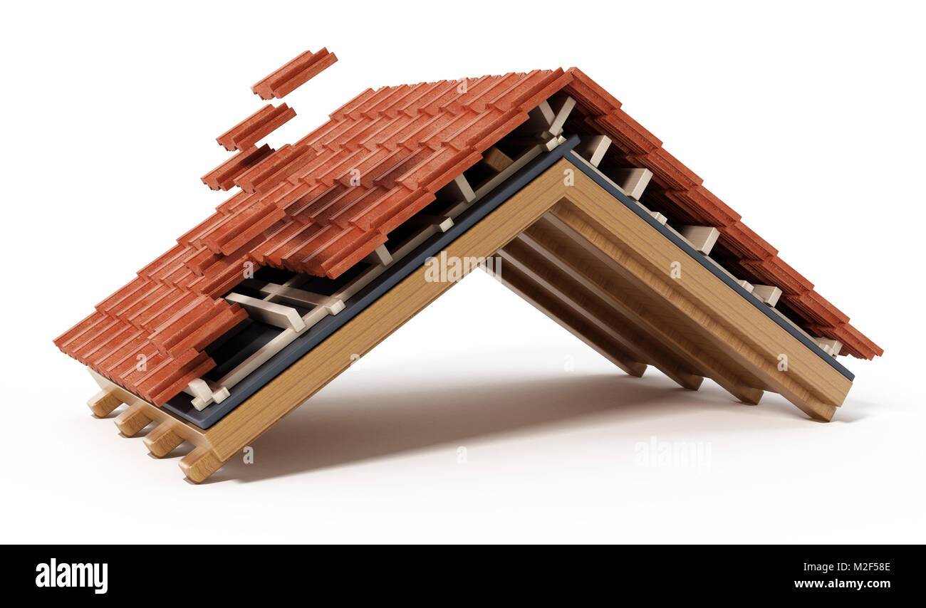 Dachkonstruktion Detail auf weißem Hintergrund. 3D-Darstellung. Stockfoto