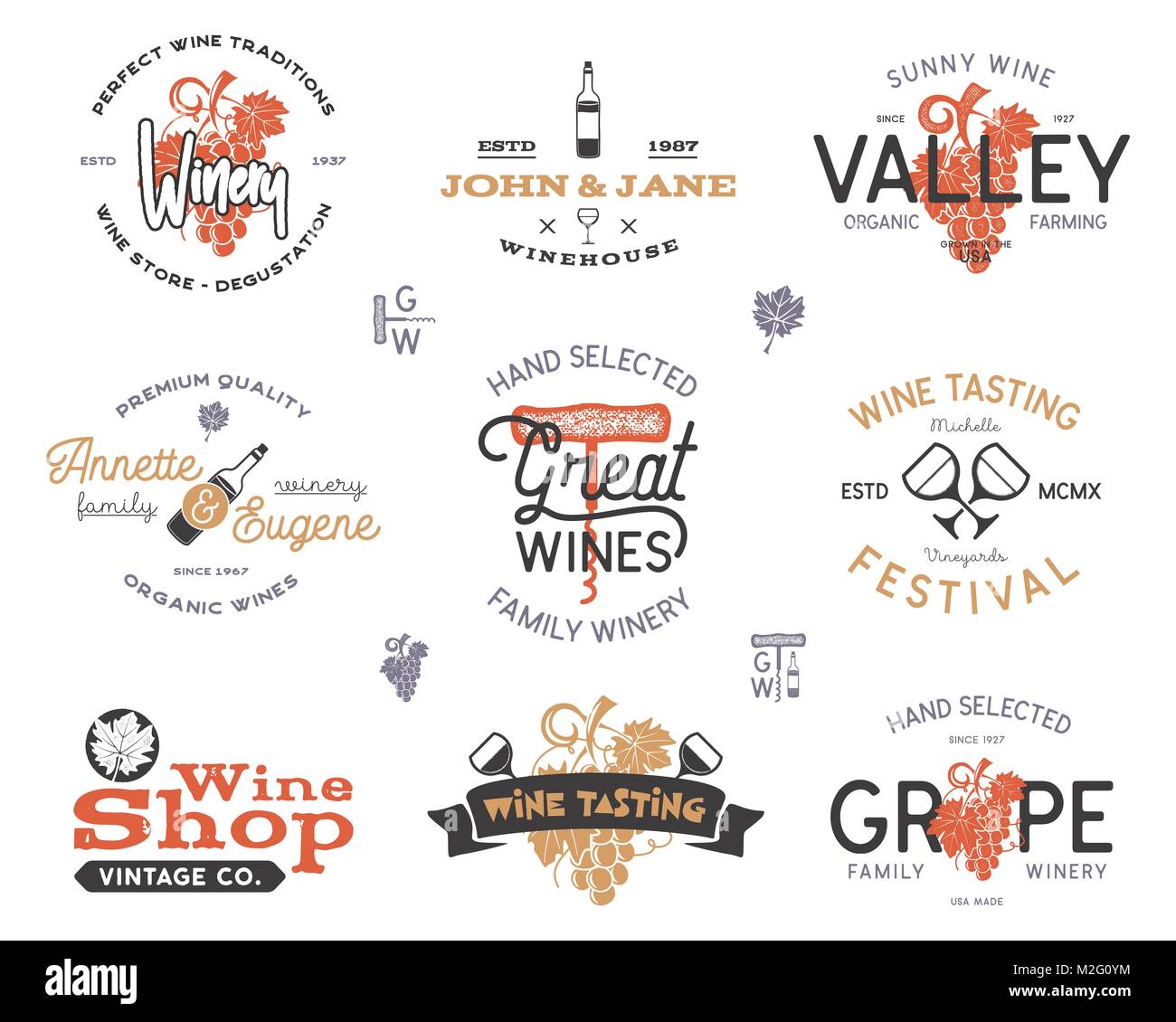 Wein Logos Etiketten Eingestellt Weingut Wein Shop Wein Abzeichen Sammlung Retro Farben Typografische Hand Gezeichnet Design Illustration Vektor Embleme Und Symbole Auf Weissem Hintergrund Stock Vektorgrafik Alamy