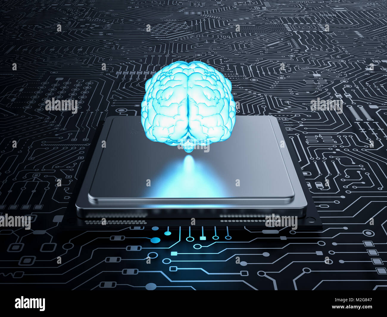 3D-Rendering ai Gehirn mit cpu auf Mainboard Stockfoto