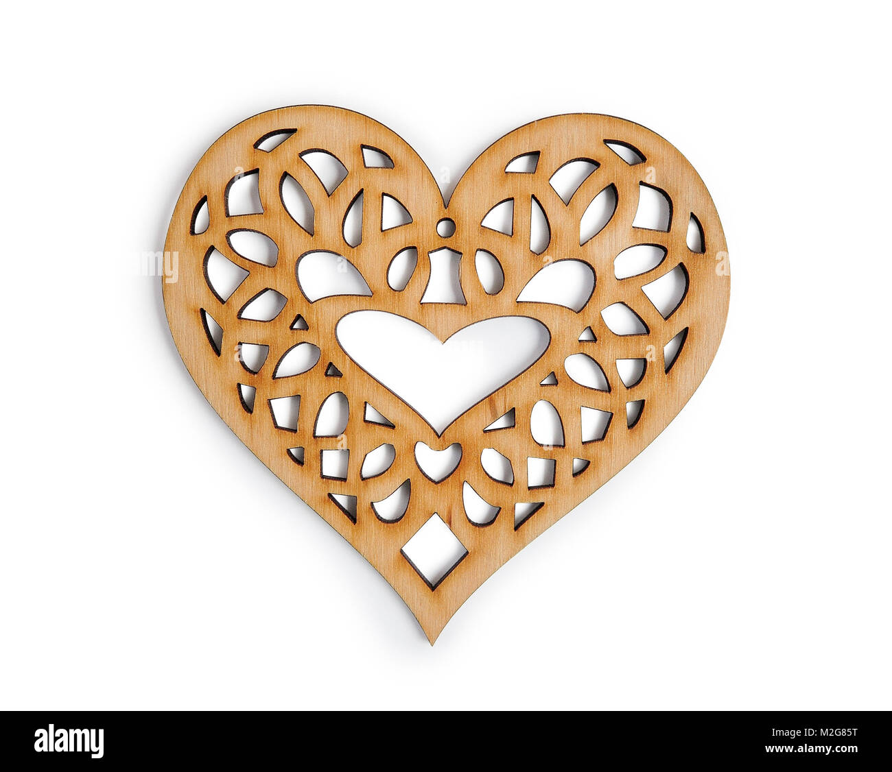 Holz- Herzen auf isolierten Freistellungsmaske auf weißem Hintergrund, Top View Abbildung zum Valentinstag oder Hochzeit Stockfoto