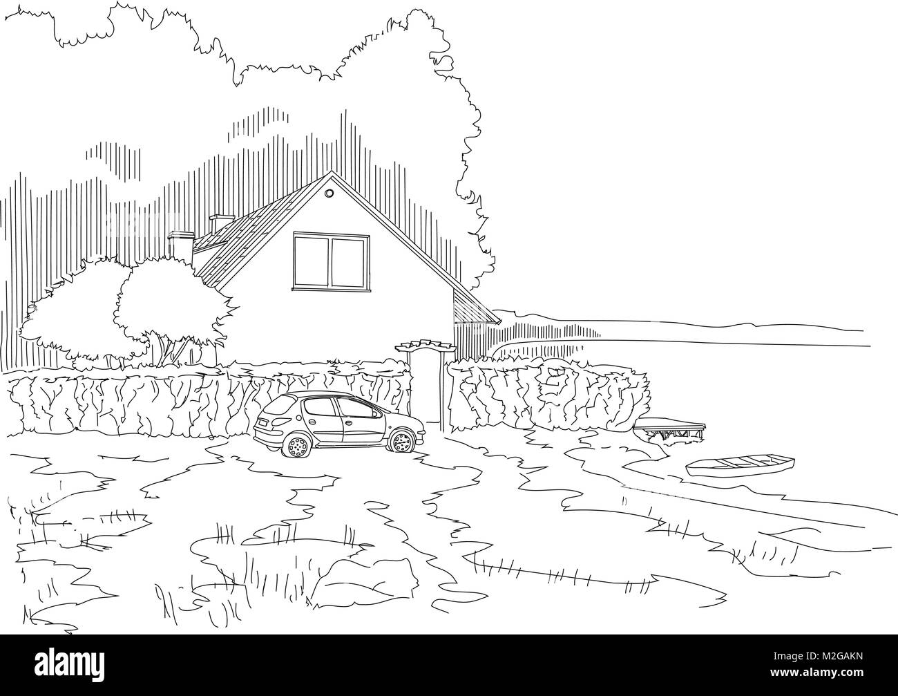 Haus außerhalb der Stadt in den Wäldern am Ufer des Sees. Erholung und Entspannung für die städtischen Bewohner. Stock Vektor
