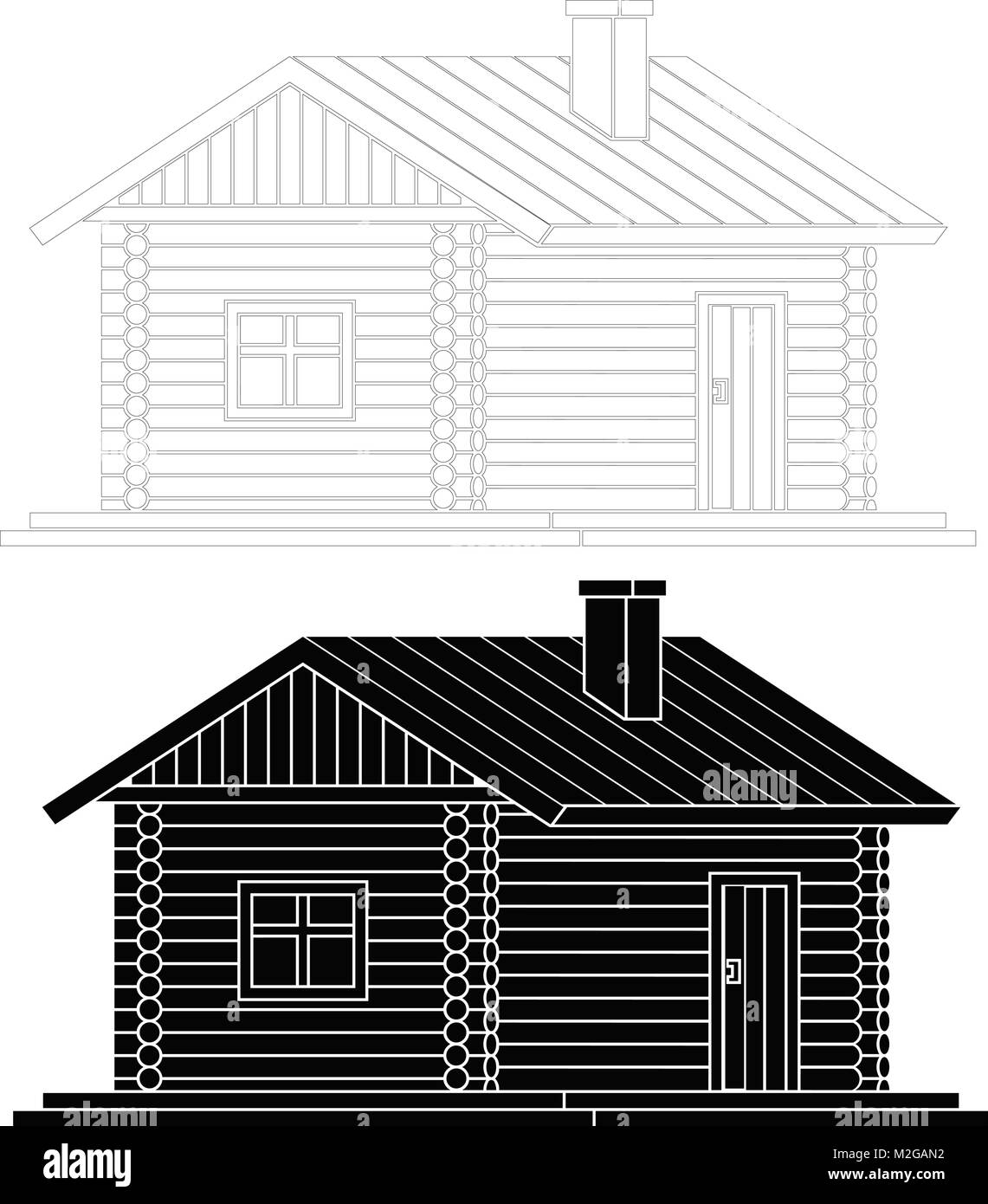 Landhaus aus Baumstämmen. Vector Abbildung von zwei Fassaden des Hauses. Stock Vektor