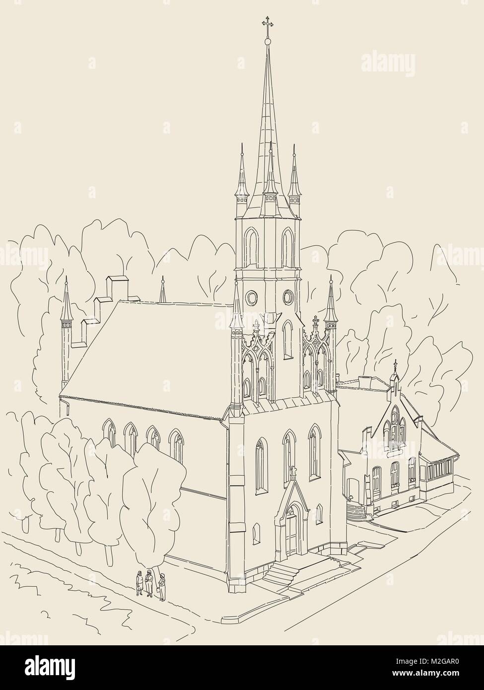 Schwarz und Weiß Skizze von der Kathedrale im gotischen Stil. In der kleinen gemütlichen Stadt in Europa. Stock Vektor