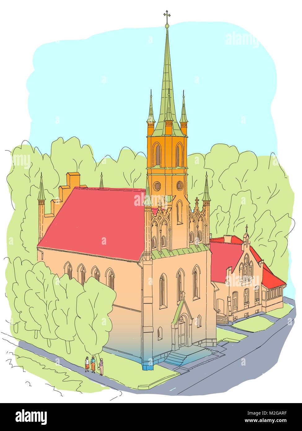 Farbe Skizze von der Kathedrale im gotischen Stil. In der kleinen gemütlichen Stadt in Europa. Stock Vektor