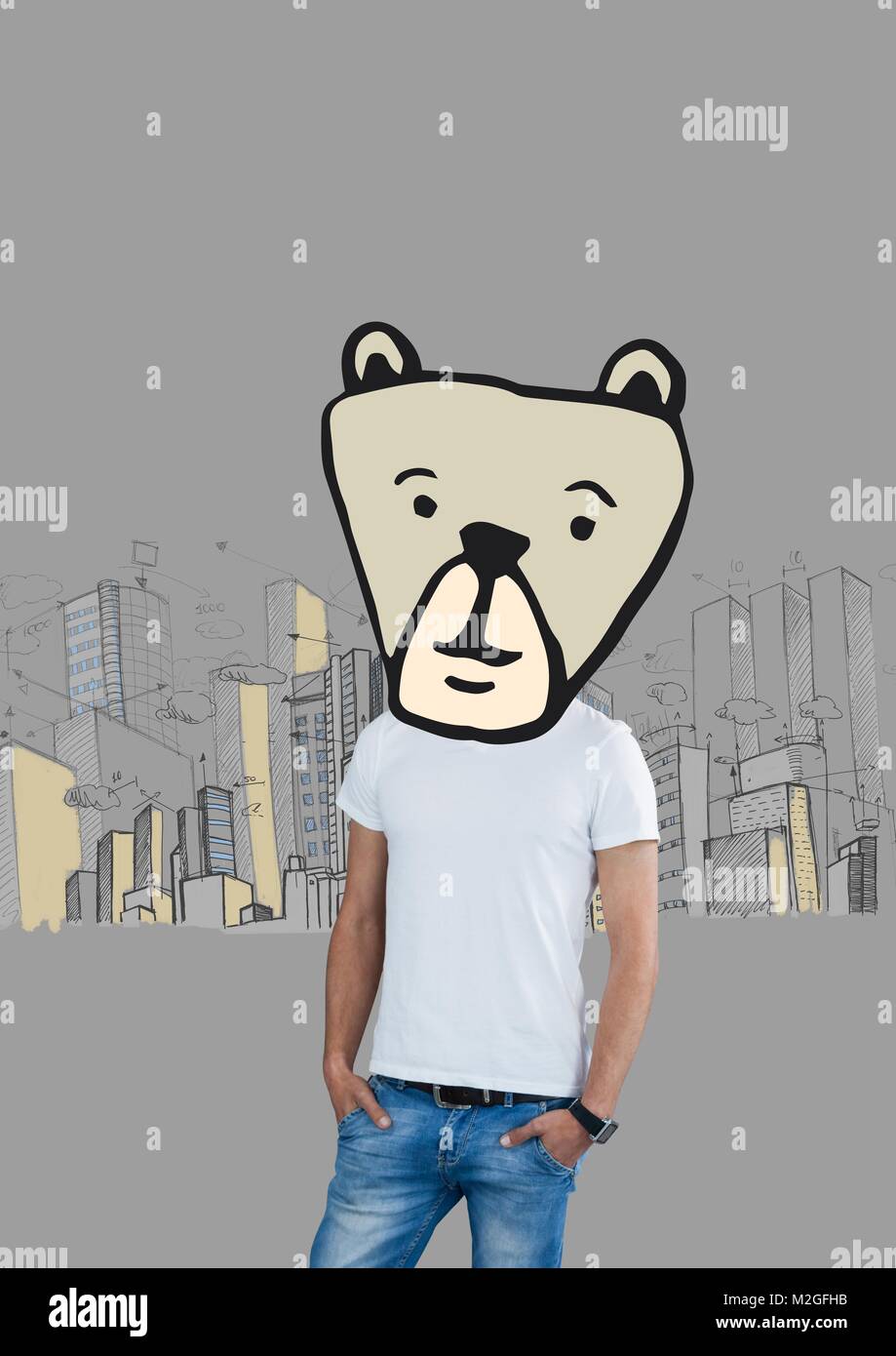 Mann mit Bär Tier Kopf Gesicht in der Stadt Stockfoto