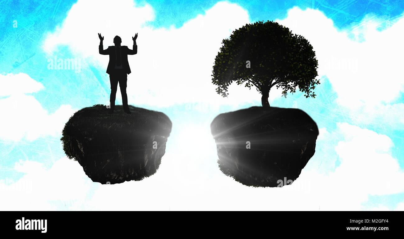 Person, die sich die Arme mit surreal Floating Baum in den Himmel Stockfoto