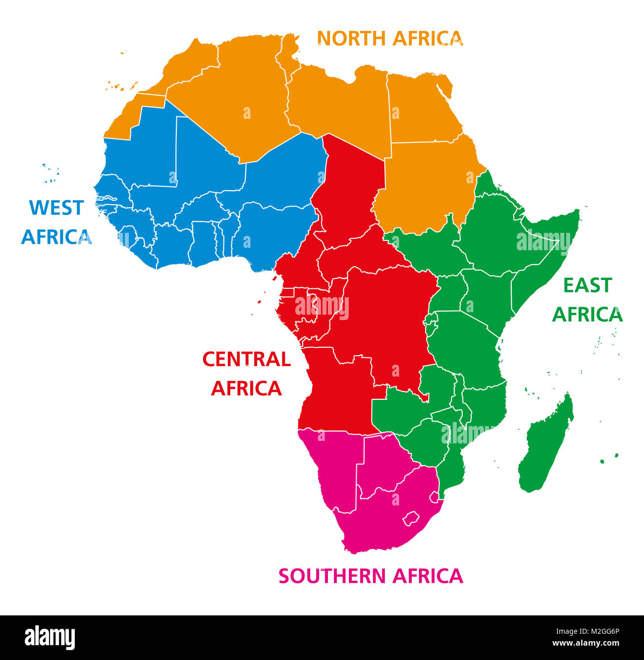 Regionen in Afrika. Politische Karte. Vereinten Nationen geoscheme mit einzelnen Ländern. Nord-, West-, Zentral-, Ost- und Südafrika in verschiedenen Farben. Stockfoto
