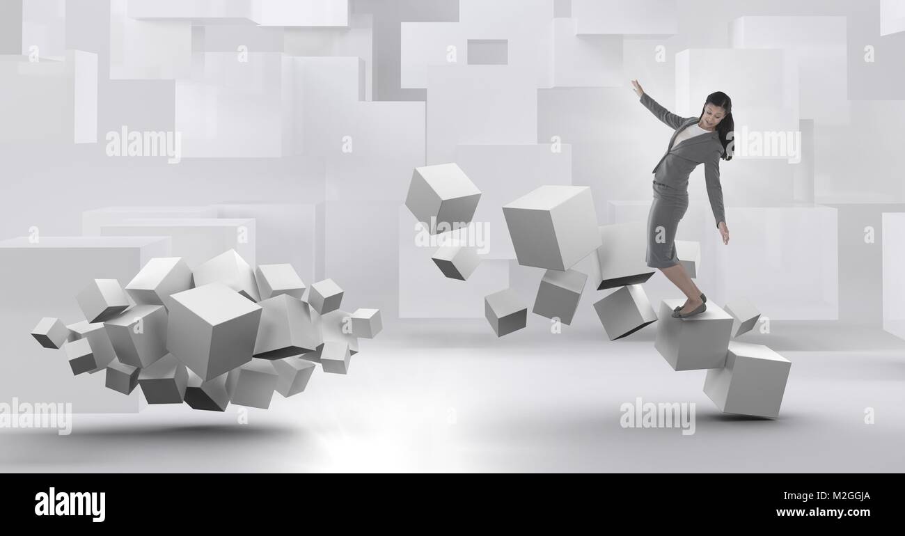 Frau Balancieren auf geometrische surreale Cubes Stockfoto