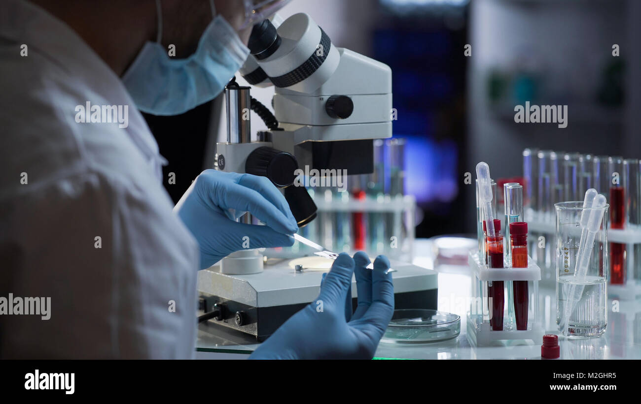 Lab worker Vorbereitung Glas mit Blut zur Bestimmung von Antikörpern und Infektionen, Video Stockfoto