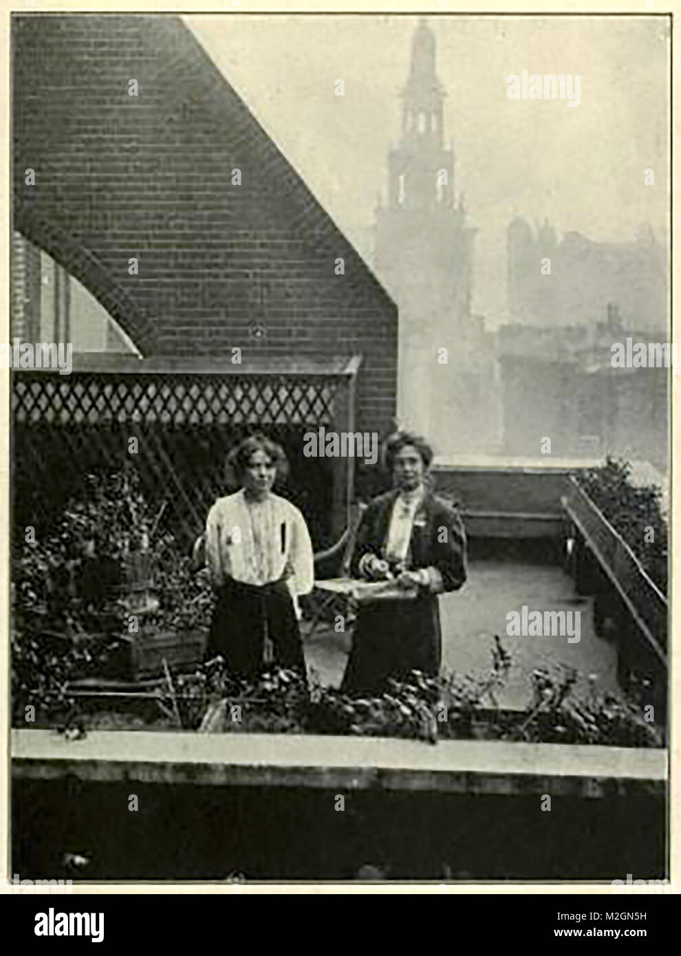 Suffragetten - Emmeline Pankhurst, Christabel Verstecken von der Polizei auf dem Dach Garten in St. Clement's Inn - Oktober 1908 Stockfoto
