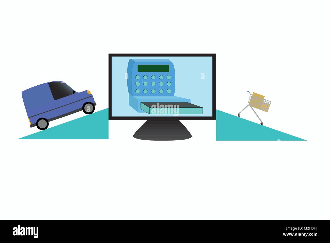 Abbildung: Lieferung Lkw fahren zu computer monitor, wo Käufer zahlt auf cashpoint und Einkaufswagen Bildschirm blättern, Vektor der Online shopping Stock Vektor