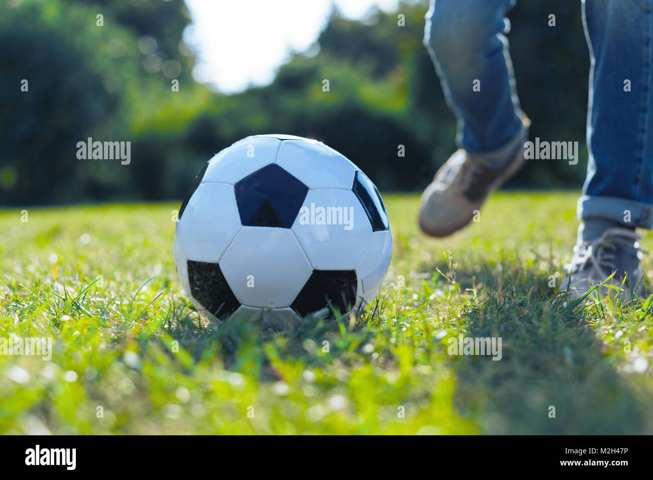 In der Nähe der Kugel im Gras liegend Stockfoto