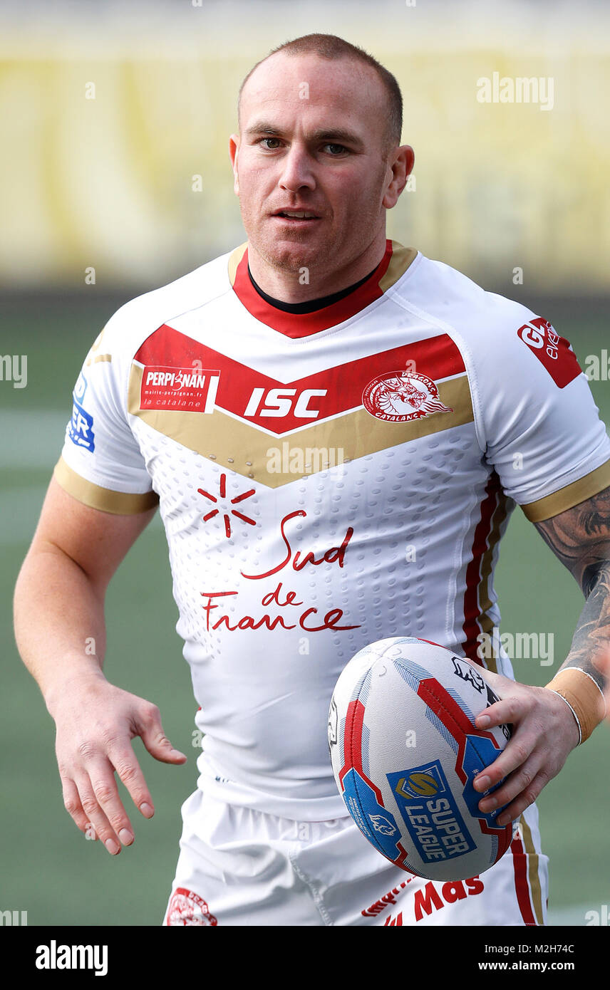 Katalanen Drachen' Lukas Walsh, während der Betfred Super League match Am wählen Sie Sicherheit aus, Stadion, Widnes PRESS ASSOCIATION Foto. Bild Datum: Sonntag, Februar 4,2018. Siehe PA Geschichte RUGBYLWidnes. Foto: Martin Rickett/PA-Kabel. Stockfoto