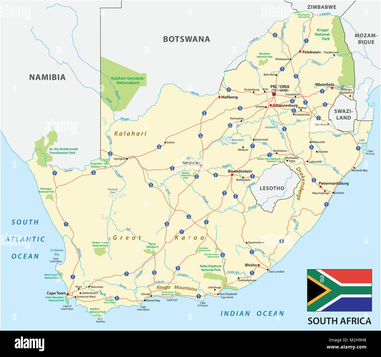 Südafrika Straße Vektorkarte mit Fahne Stock Vektor