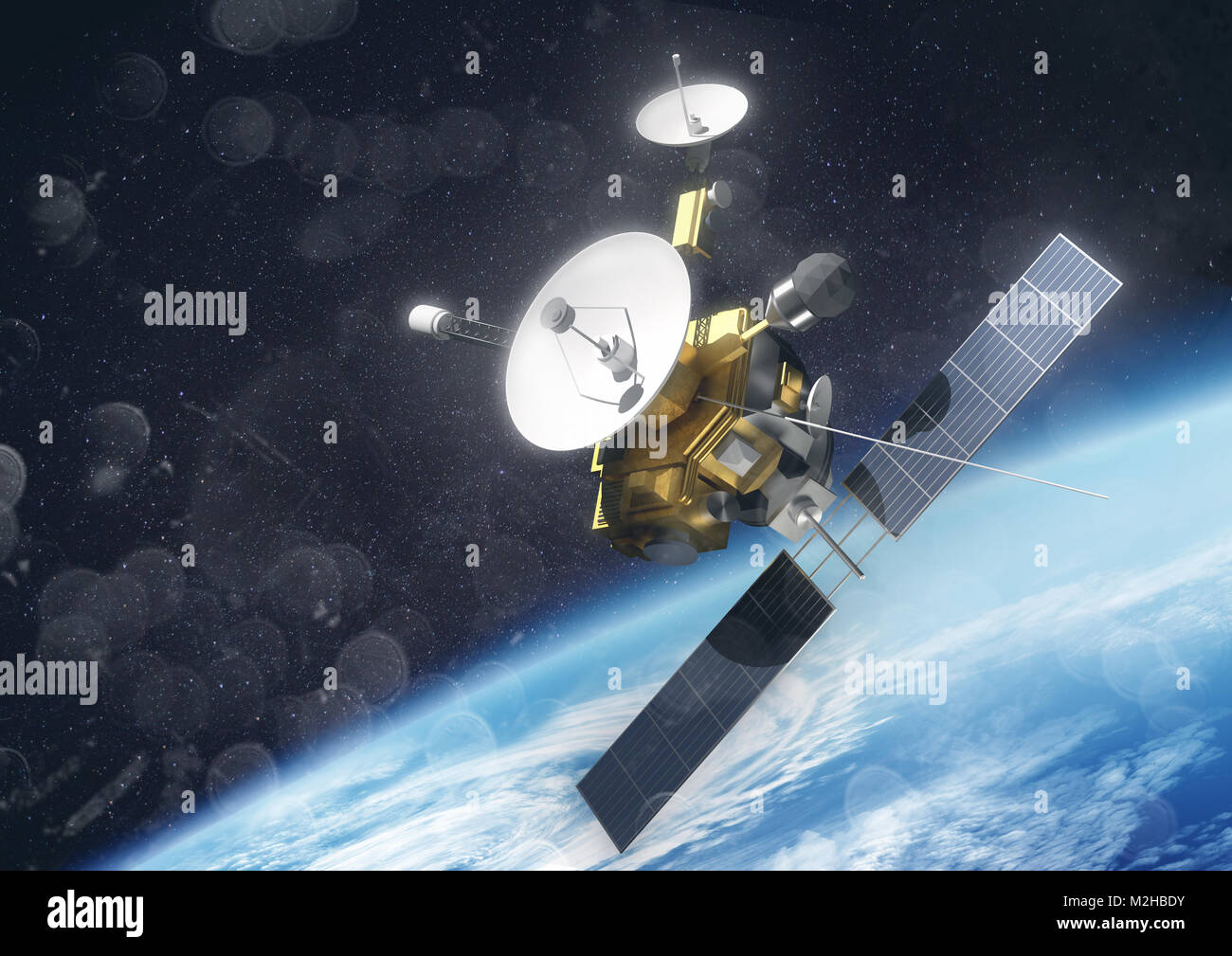 Sat Sonde im Weltraum kreisenden Planeten Erde. 3D-Darstellung. Stockfoto