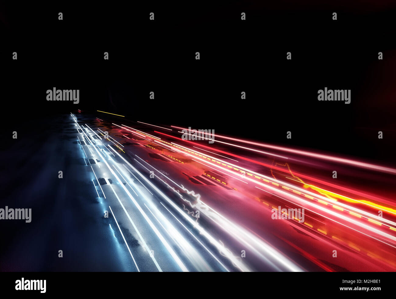 Sich schnell bewegende Ampel Trails, Langzeitbelichtung Wirkung. 3D-Darstellung. Stockfoto