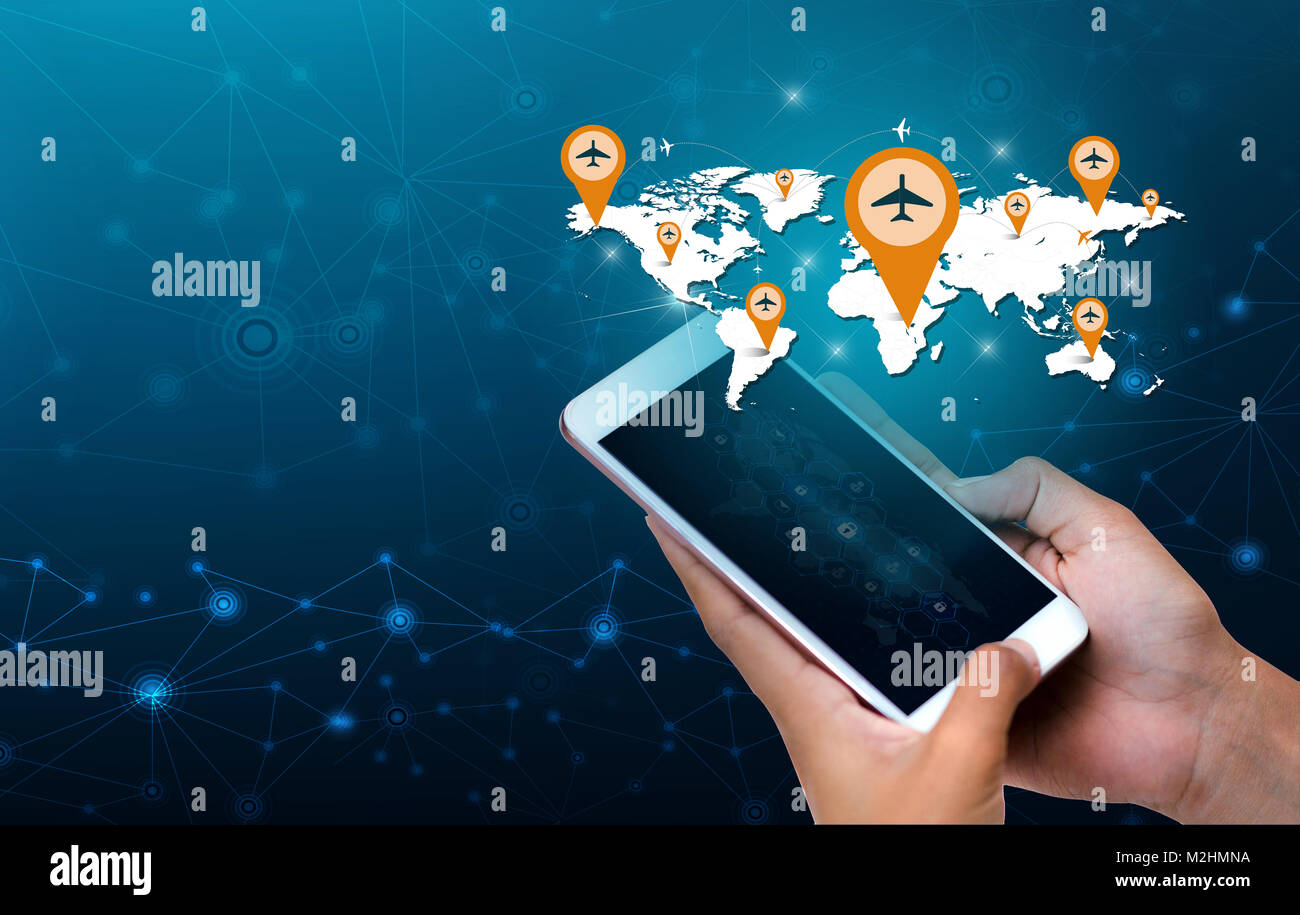 Smart Phones und Globus Verbindungen gelegentlich Communication world Internet Geschäftsleute drücken Sie das Telefon im Internet zu kommunizieren. Kommunikation Stockfoto