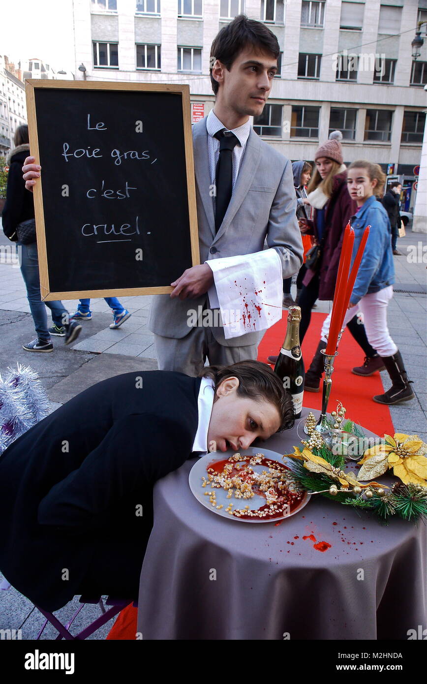 L 214 Vegane Aktivisten Protestieren Gegen Foie Gras Und Kraft Stopfen Von Gansen Lyon Frankreich Stockfotografie Alamy