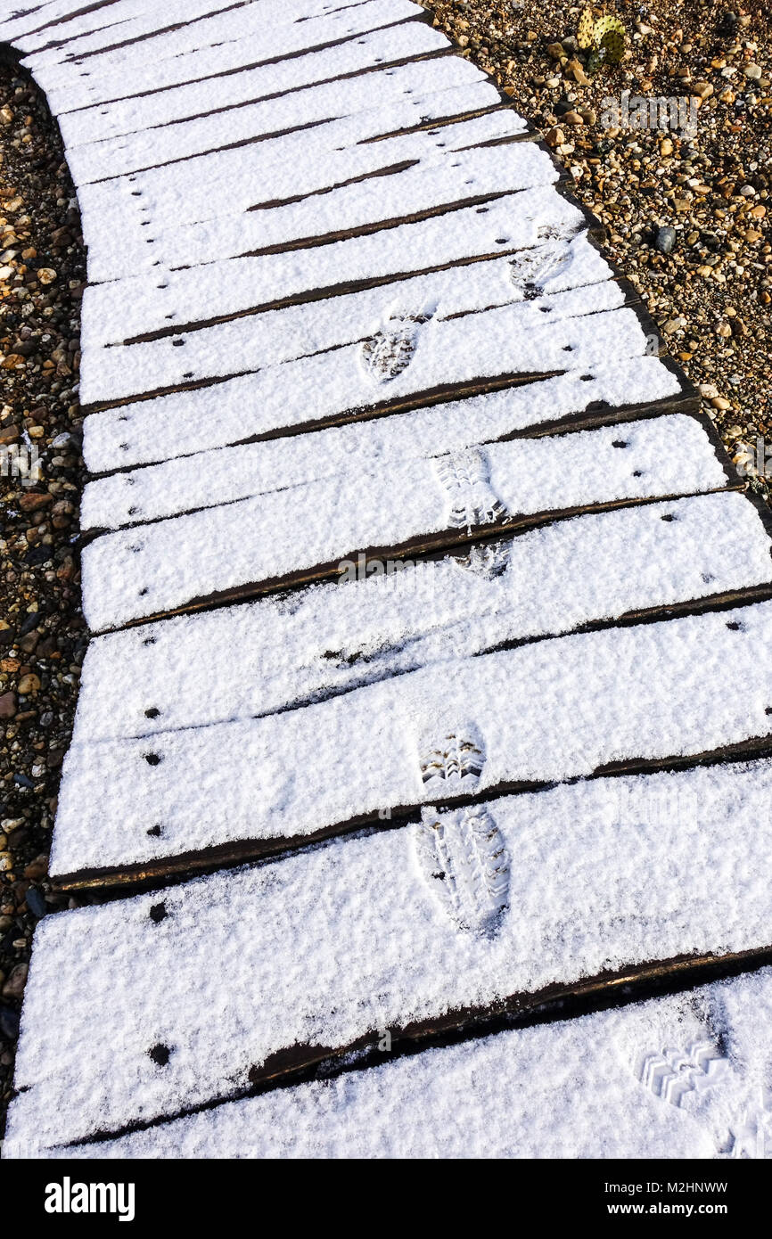 Gefrorener Holzweg im Garten, Winter, Reif, Gehweg, Fußabdrücke Stockfoto