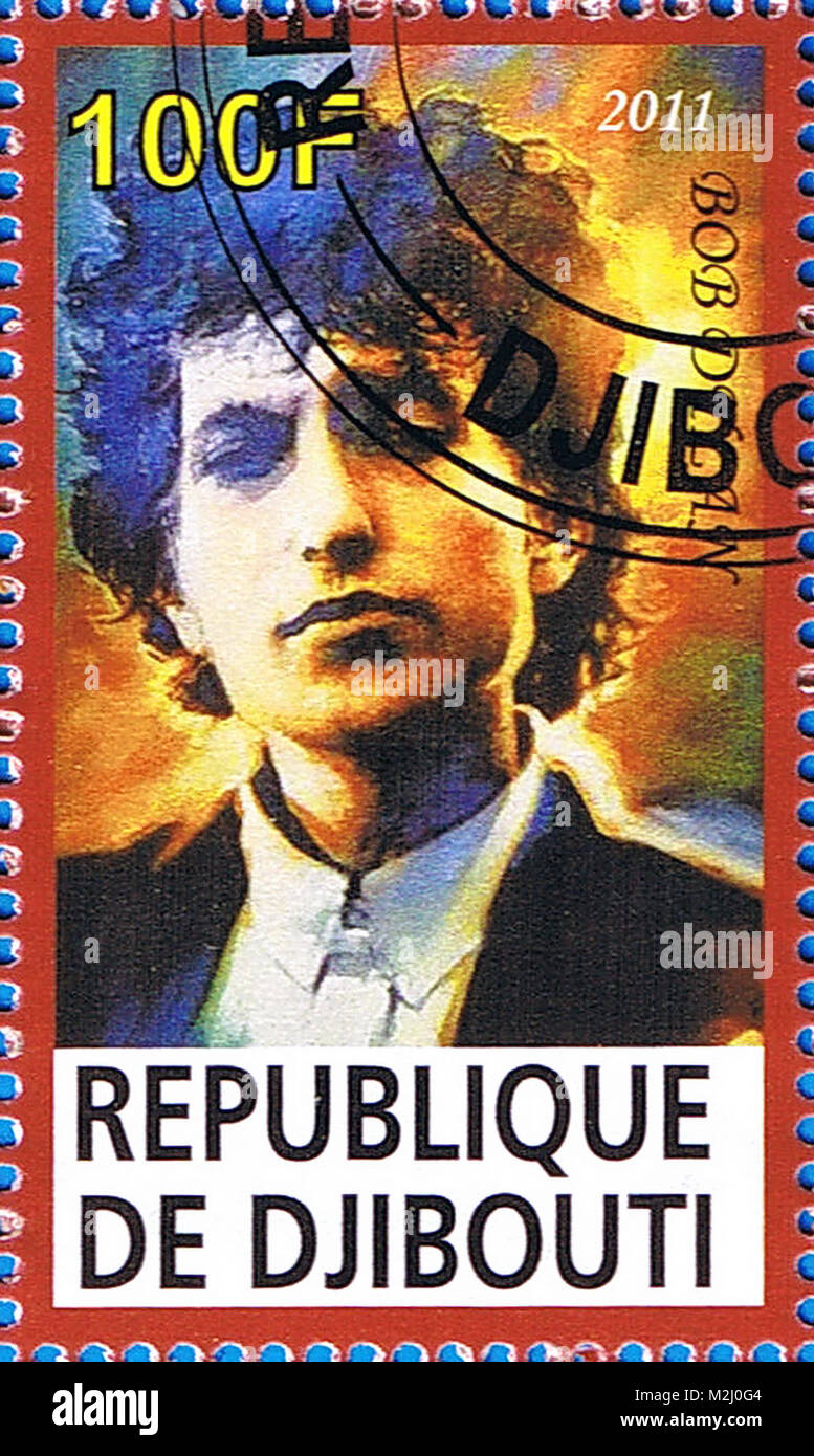 Dschibuti - ca. 2011: eine Briefmarke in der Republik Dschibuti, Bob Dylan, ca. 2011 gedruckt Stockfoto