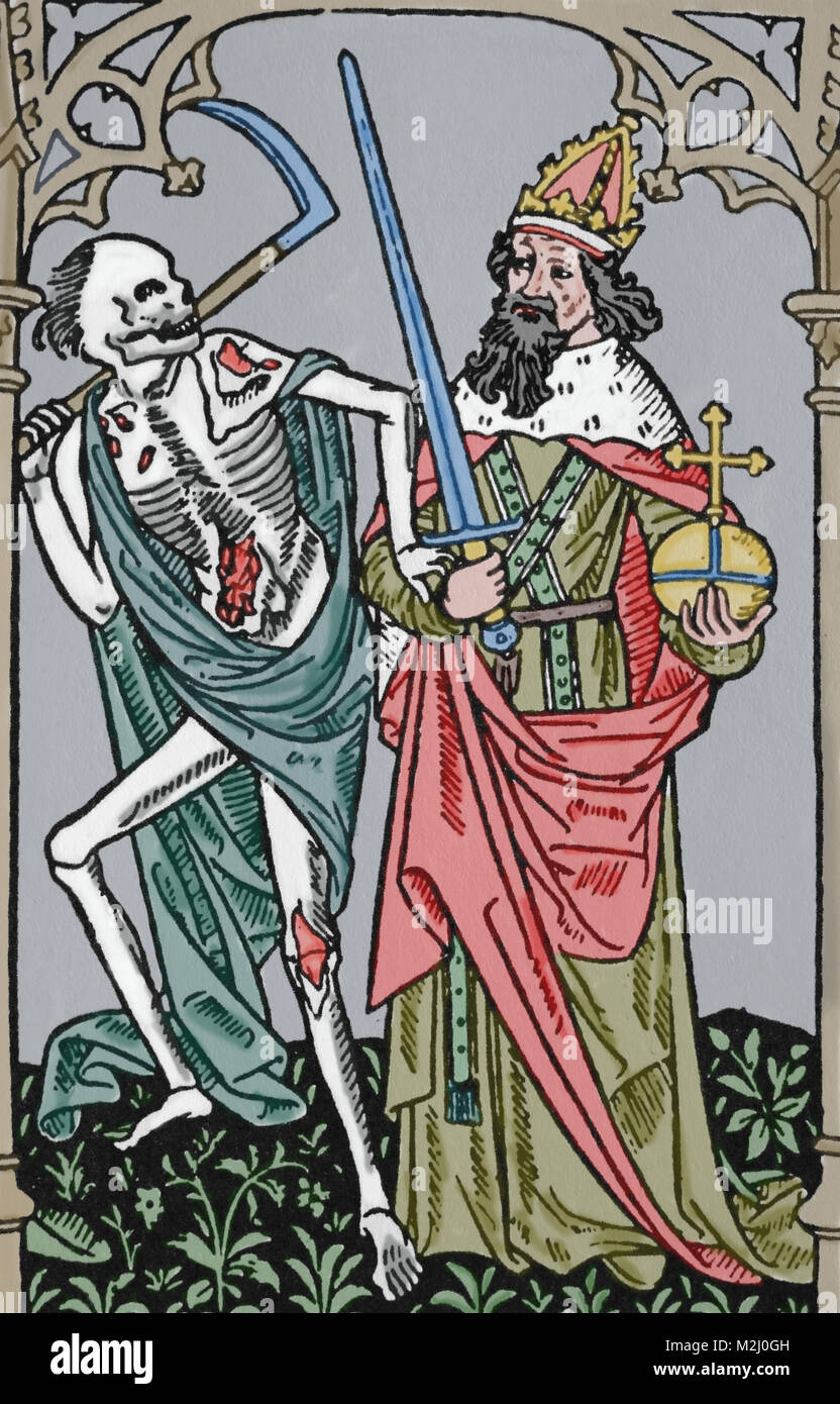 Tanz des Todes. Tod und Kaiser. Gedruckt von Antoine Verard, Frankreich, 15. Stockfoto