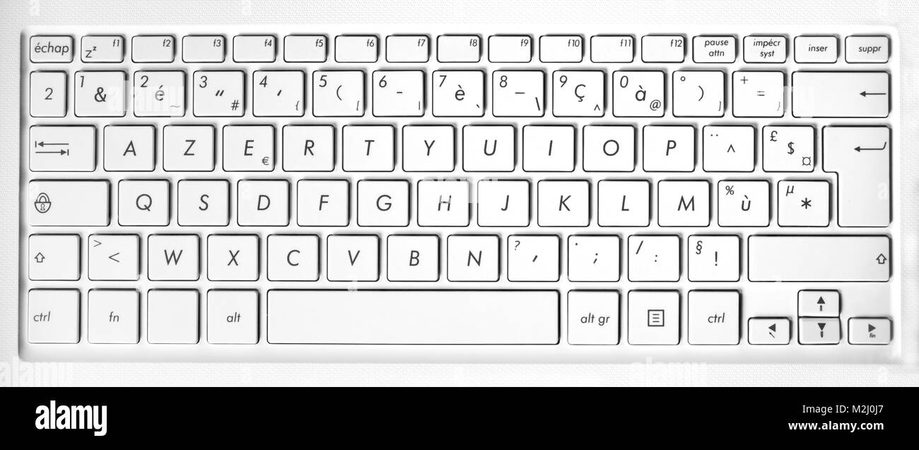 Nahaufnahme von einem weißen Französisch AZERTY-Tastatur Hintergrund Stockfoto