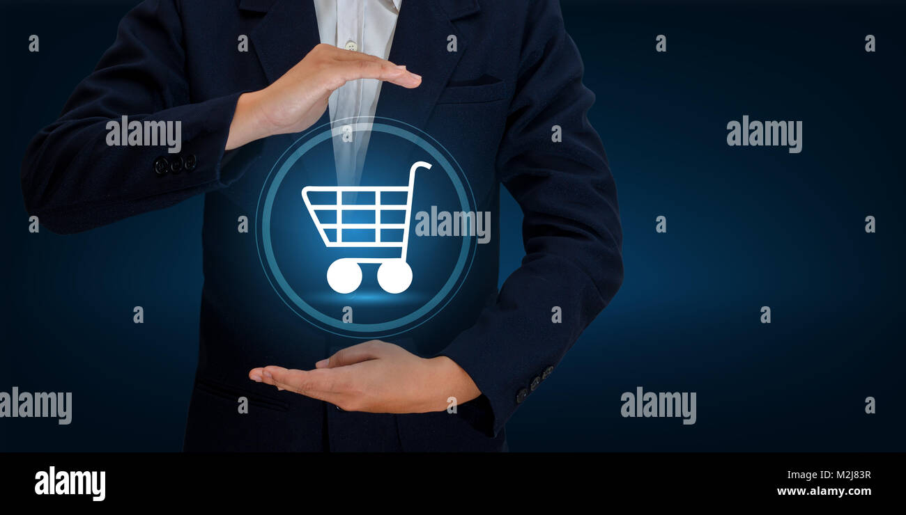 Hand Geschäftsmann Warenkorb Ihr Technologie Welt digitale Shopping um Transaktionen im Internet Handel auf der ganzen Welt zahlen Sie online Abt. Blue Tone Stockfoto